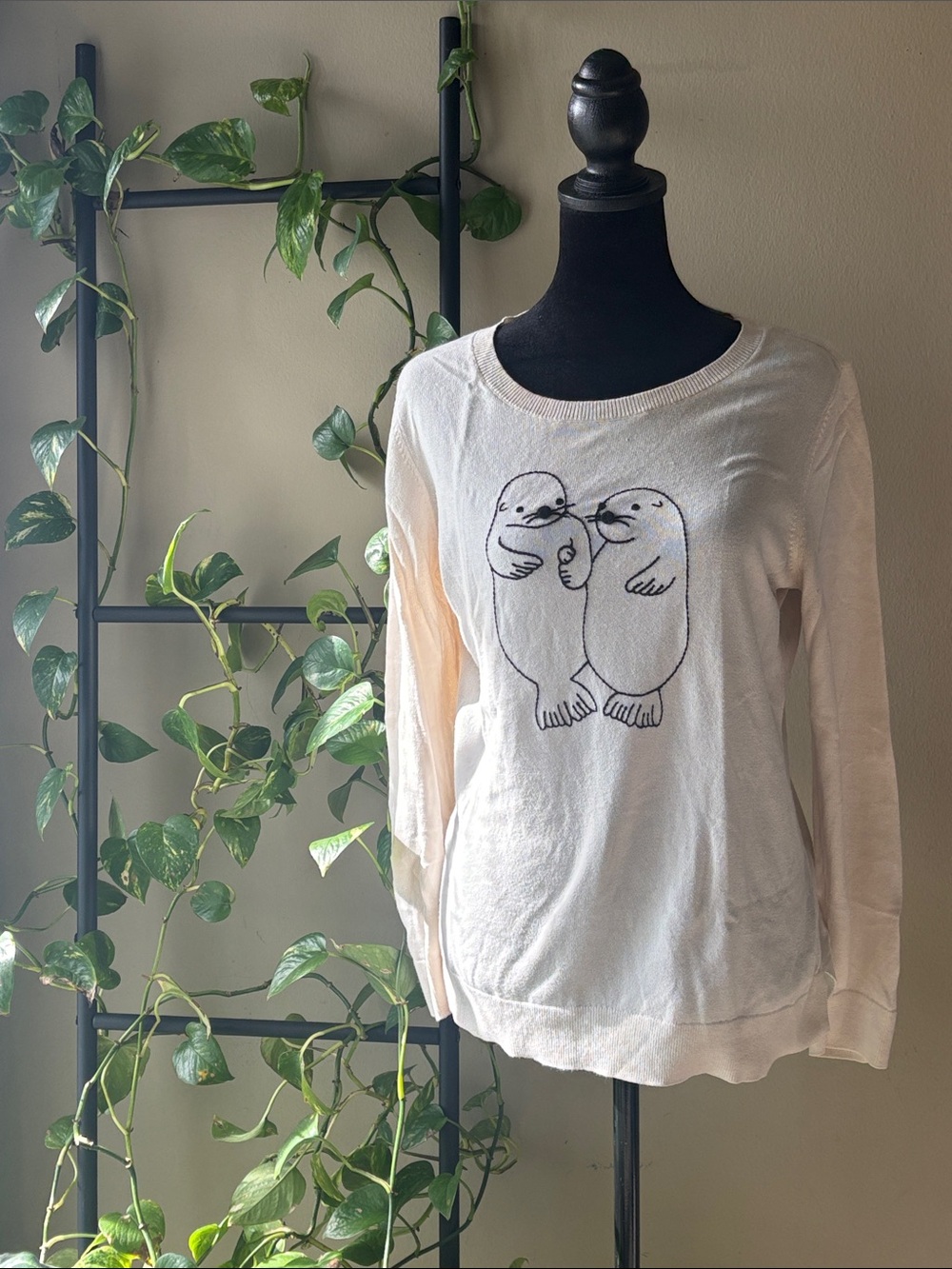 LOFT Cream Crewneck Sweater with Otter Duo Graphic